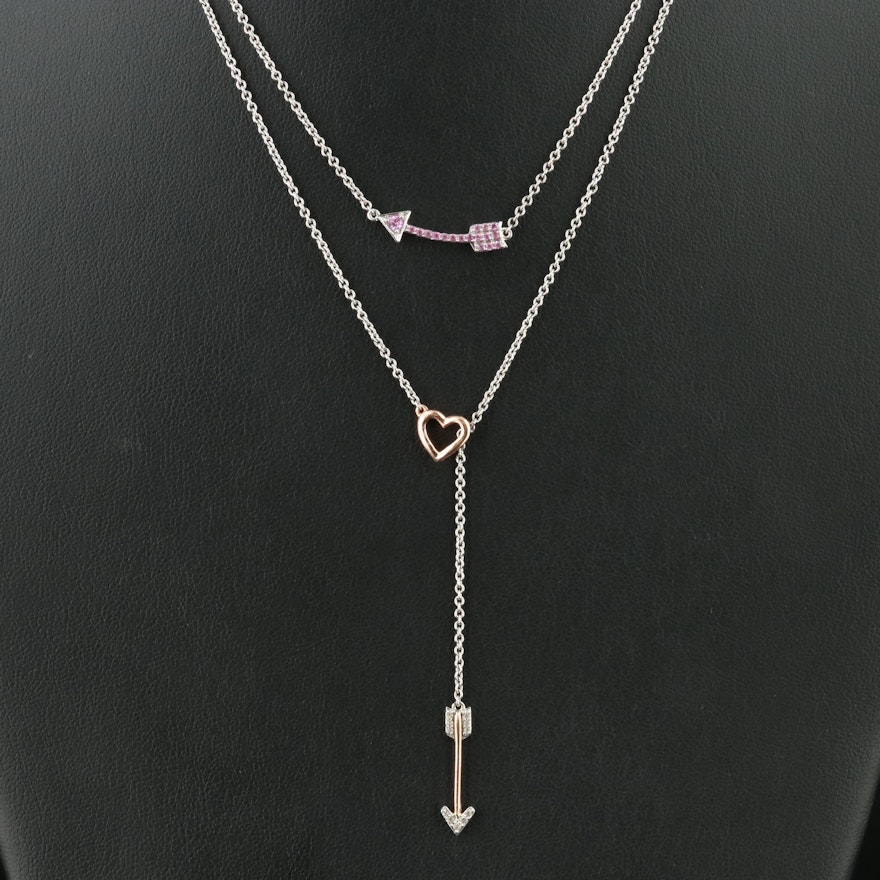 Sterling Sapphire Arrow and Heart Layer Necklace with 10K Rose Gold Accent