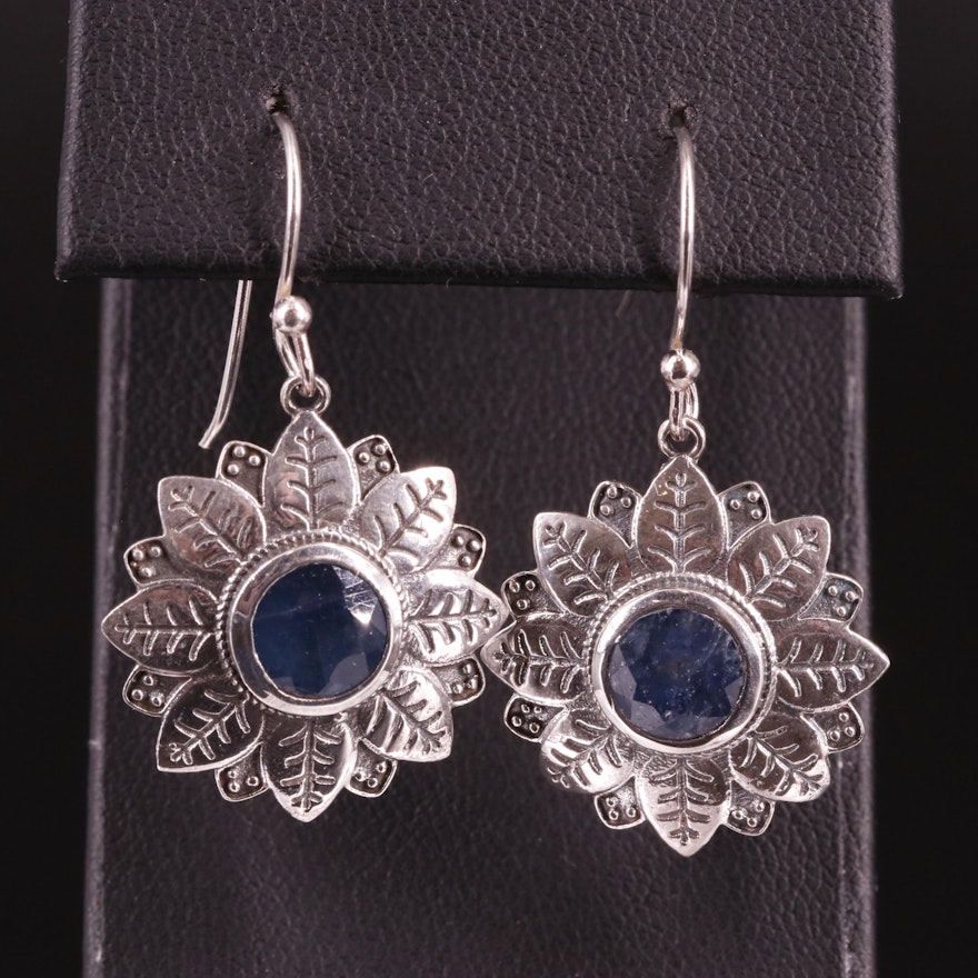 Sterling Sapphire Drop Flower Earrings