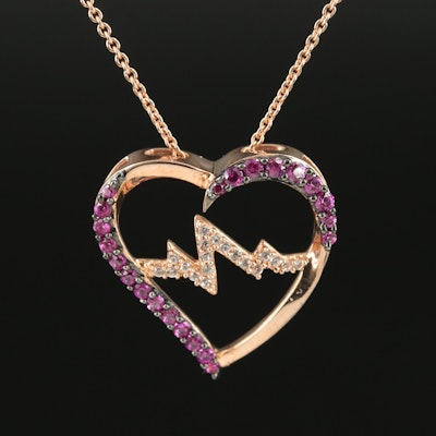Sterling Ruby and Sapphire Heartbeat and Heart Pendant Necklace