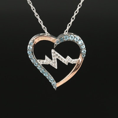 Sterling Topaz and Sapphire Heart and Heartbeat Pendant Necklace
