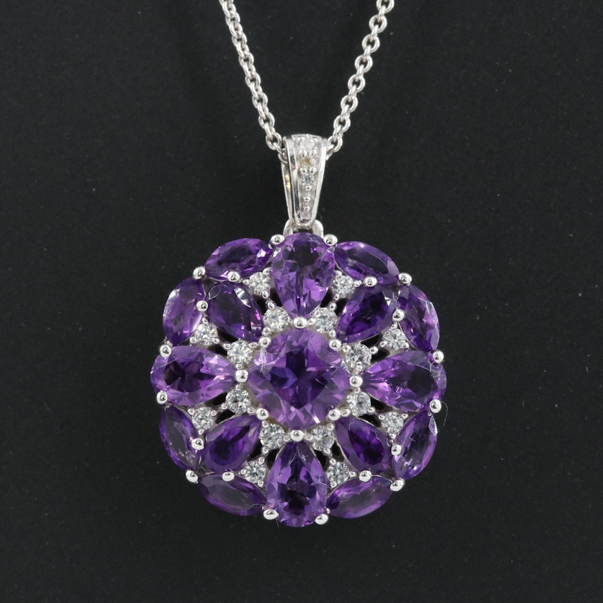 Sterling Amethyst, Sapphire and Topaz Flower Pendant Necklace