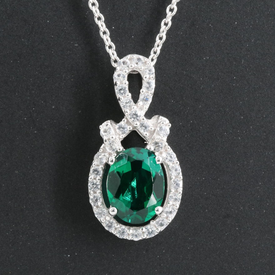 Sterling Emerald and White Sapphire Pendant Necklace