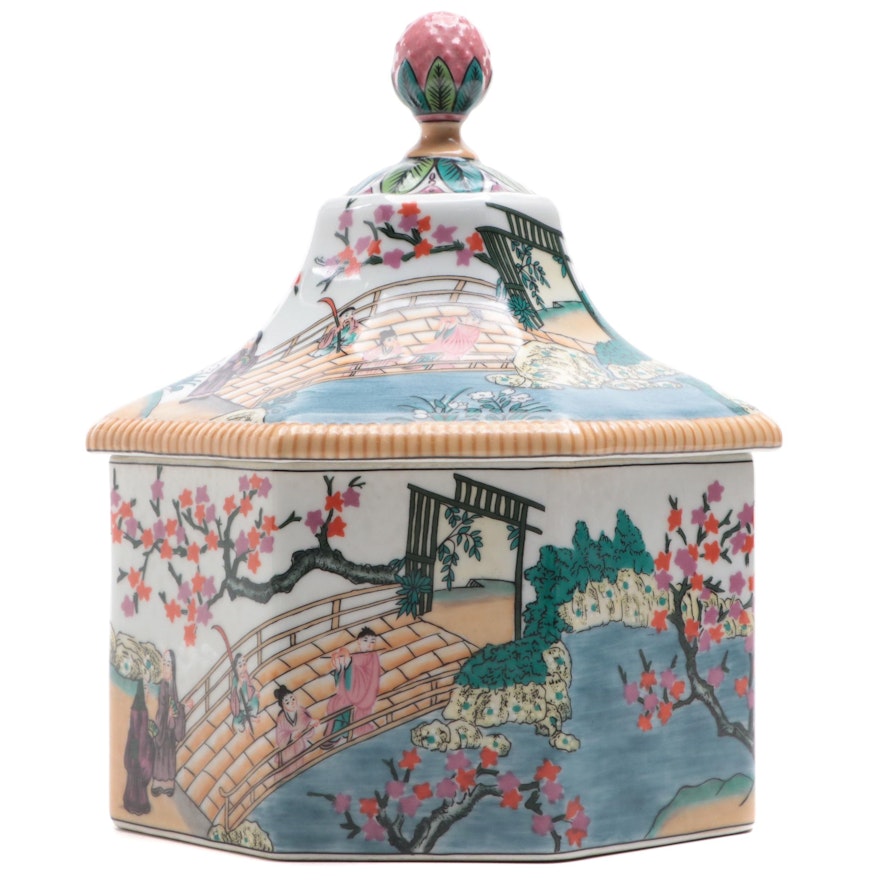 Gump's San Francisco Chinese Garden Scene Porcelain Octagonal Jar