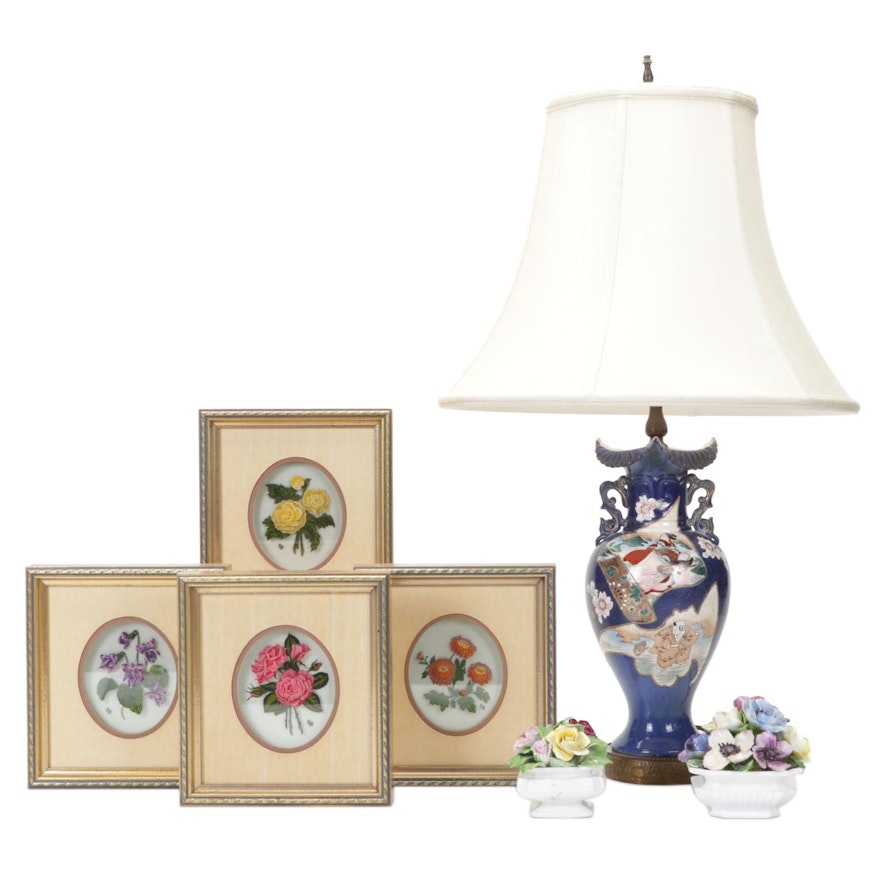 Japanese Porcelain Table Lamp with Figurines and Framed Hinterglass Flowers