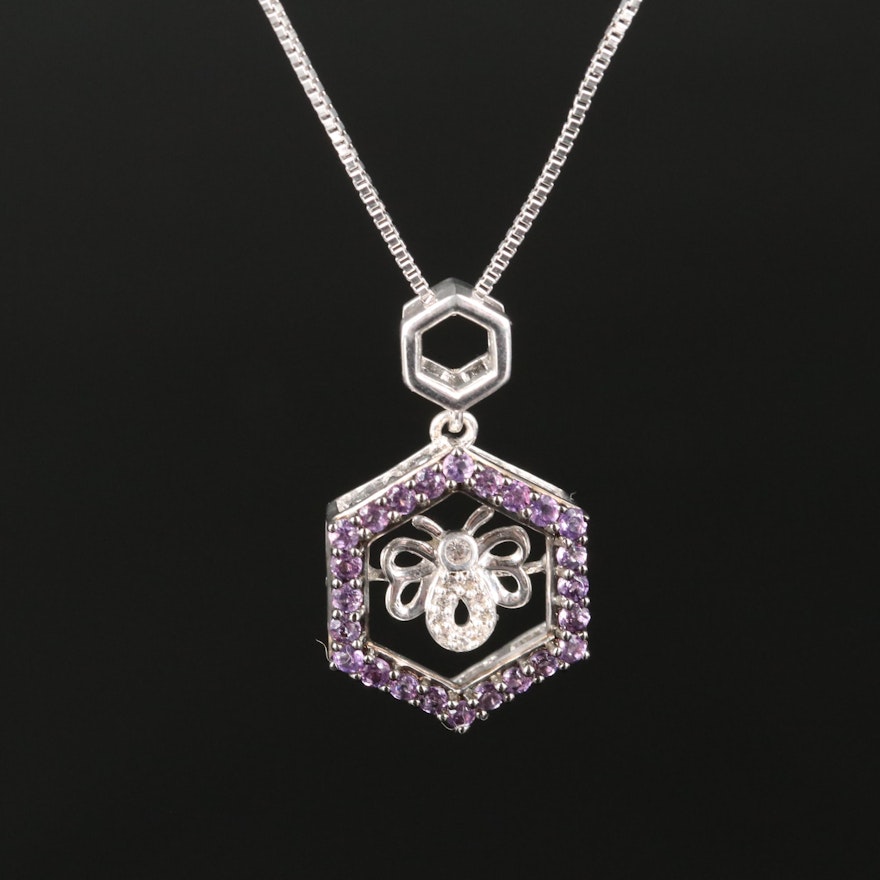 Sterling Amethyst and Sapphire Insect Pendant Necklace