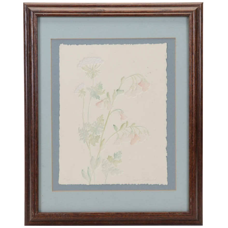 Susan Zythewick Hand-Colored Embossed Etching of Flowers, Circa 1975