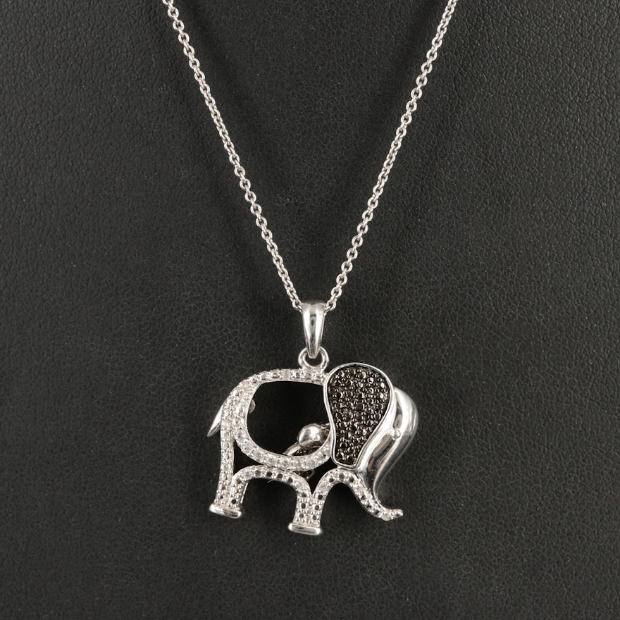 Sterling Sapphire and Glass Elephant and Baby Pendant Necklace