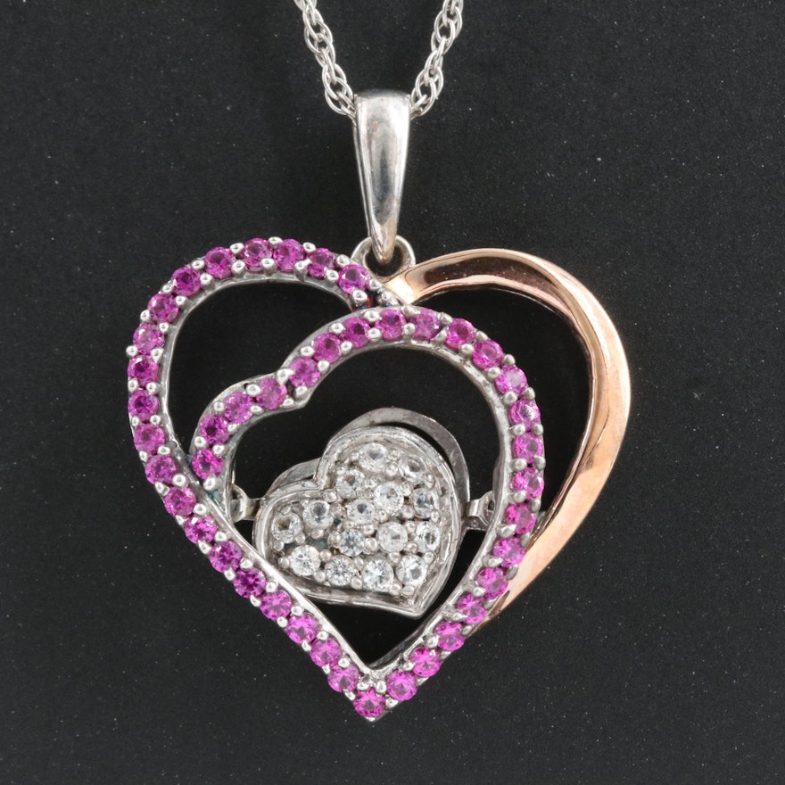Sterling Ruby and Sapphire Heart Tremble Pendant Necklace