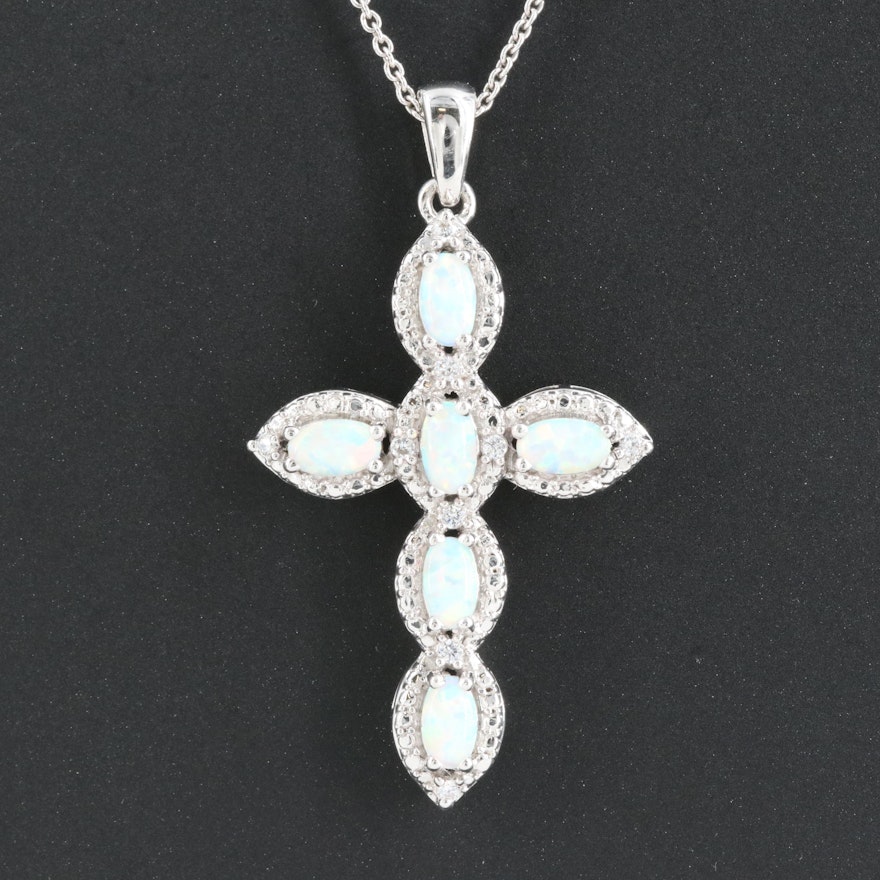 Sterling Opal and Cubic Zirconia Cross Pendant Necklace