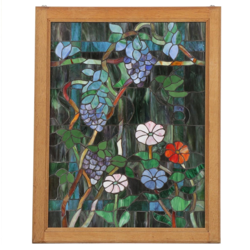 Arts and Crafts Style Slag Glass Hanging Panel of Grapevine and Flowers