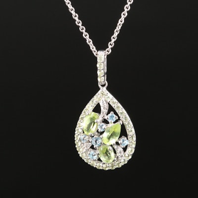 Sterling Peridot, Aquamarine and Sapphire Pendant Necklace