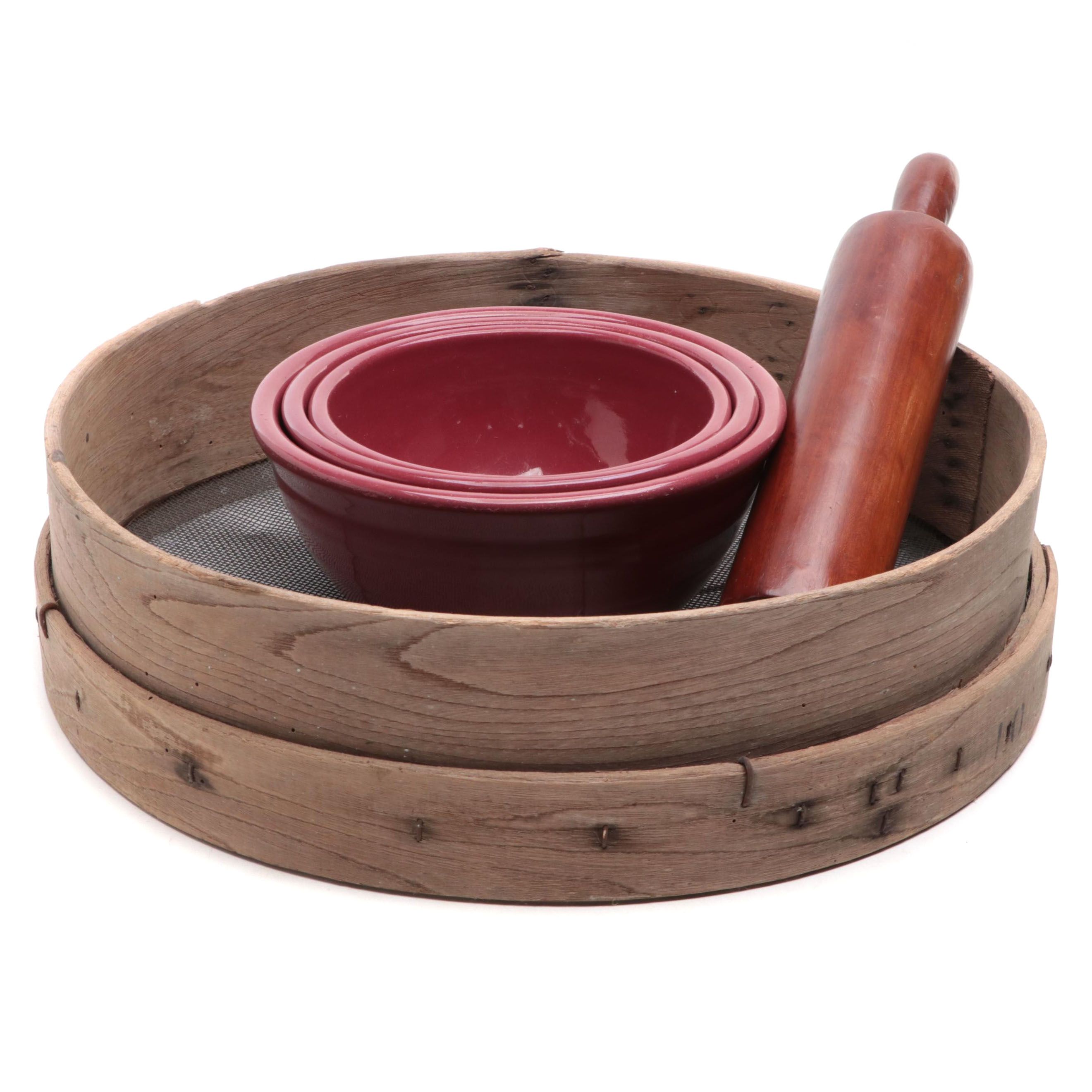 Red Ceramic Mixing Bowls, Bentwood and Wire Grain Sifter and Rolling