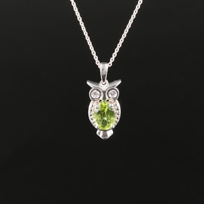 Sterling Peridot and Cubic Zirconia Owl Pendant Necklace