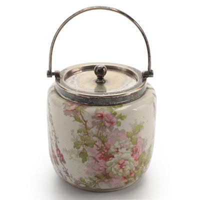 William Wood & Co. English Earthenware Floral Biscuit Jar, Early 20th Century