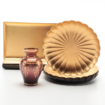 Gilt Lacquerware Plates and Trays with Gilt Accented Amethyst Glass Vase