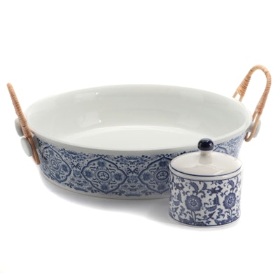 Ballard Designs Chinoiserie Blue and White Porcelain Rattan Handled Tray and Jar