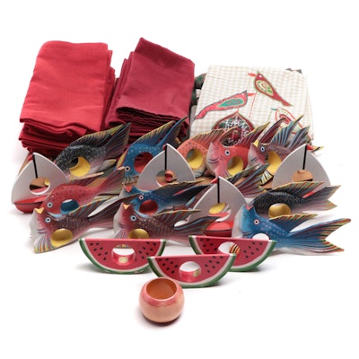 Wooden Fish and Fruit Napkin Rings with Other Table Linens