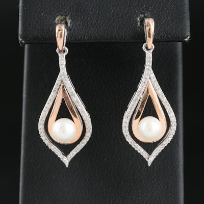 Sterling Pearl and Diamond Earrings with 14K Accents