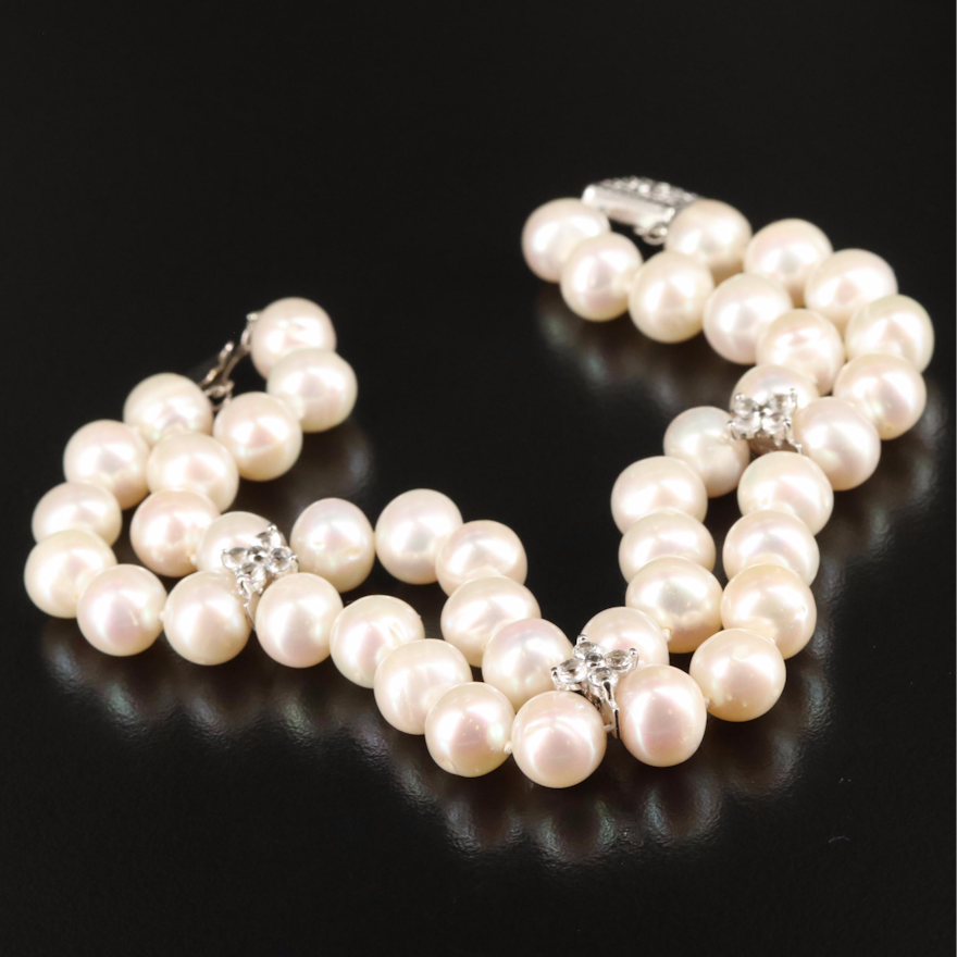 Sterling Double Strand Pearl and White Topaz Bracelet
