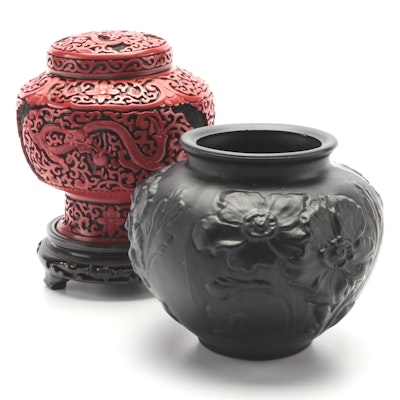 Tiffin-Franciscan "Poppy" Black Satin Glass Vase with Chinese Faux Cinnabar Jar