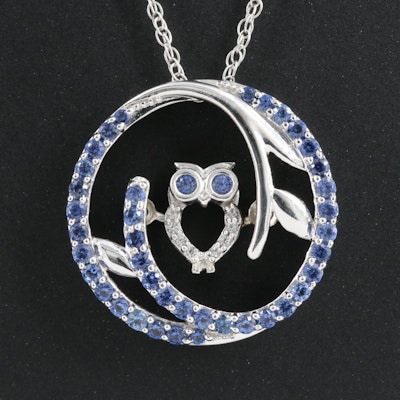 Sterling Sapphire Owl Tremble Pendant Necklace