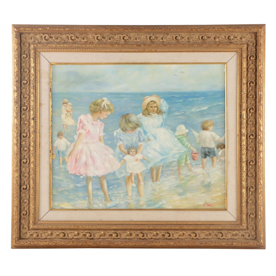 Andrea Dori Oil Painting of Children on the Beach After Hélène Léveillée