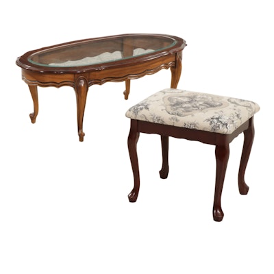 French Provincial Style Fruitwood and Glass Top Coffee Table with Footstool