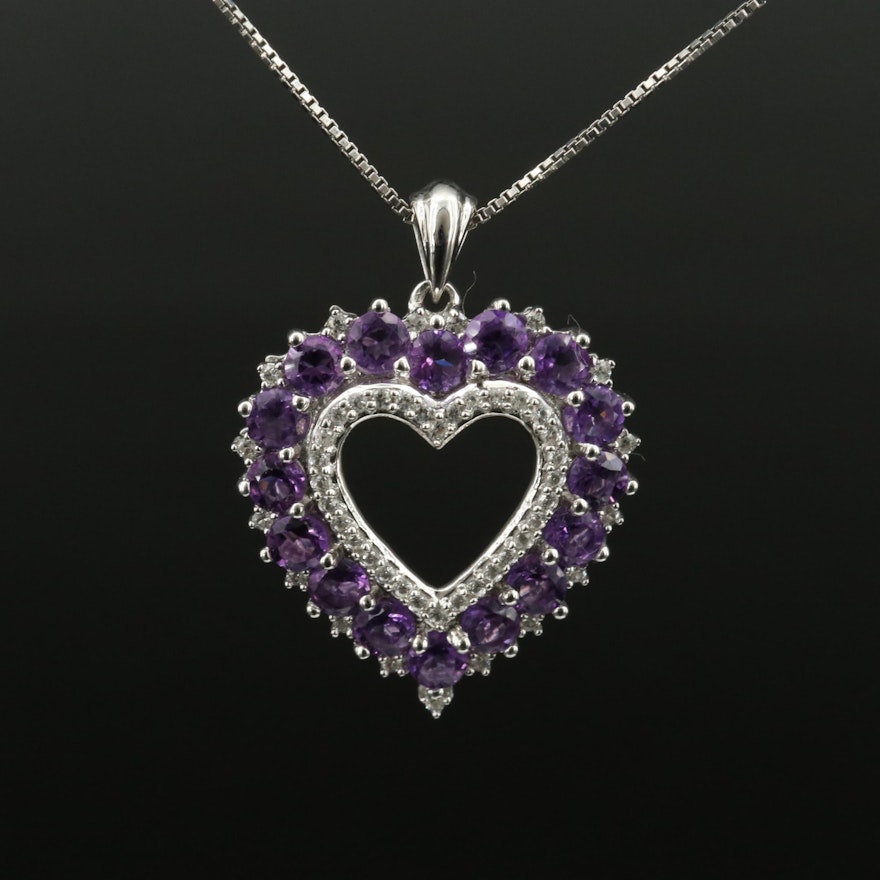 Sterling Amethyst and Sapphire Heart Pendant Necklace