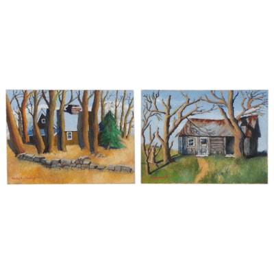 Charles Gelsleichter Acrylic Paintings of Rural Cottages, Circa 2000