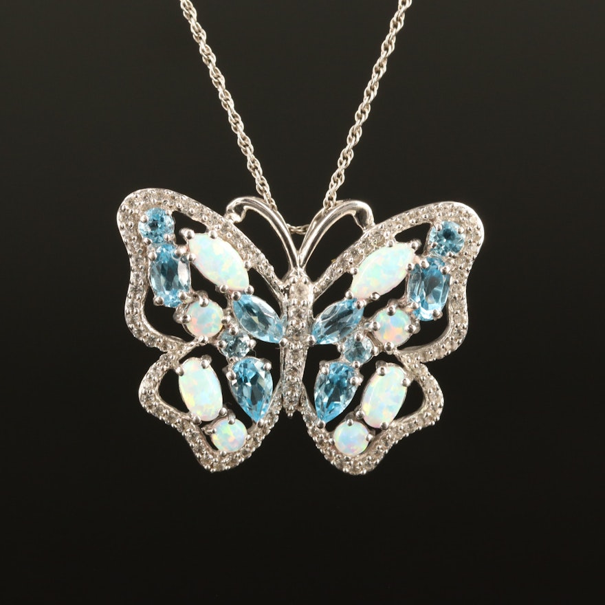 Sterling Opal, Topaz and Sapphire Butterfly Pendant Necklace