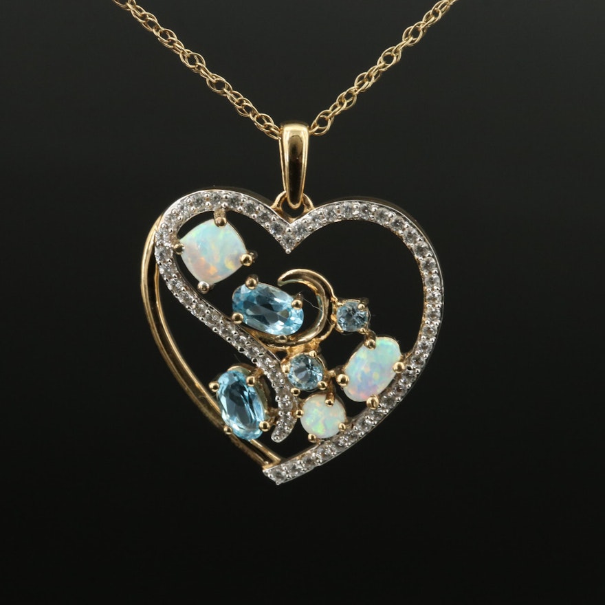 Sterling Opal, Topaz and Sapphire Heart Pendant Necklace