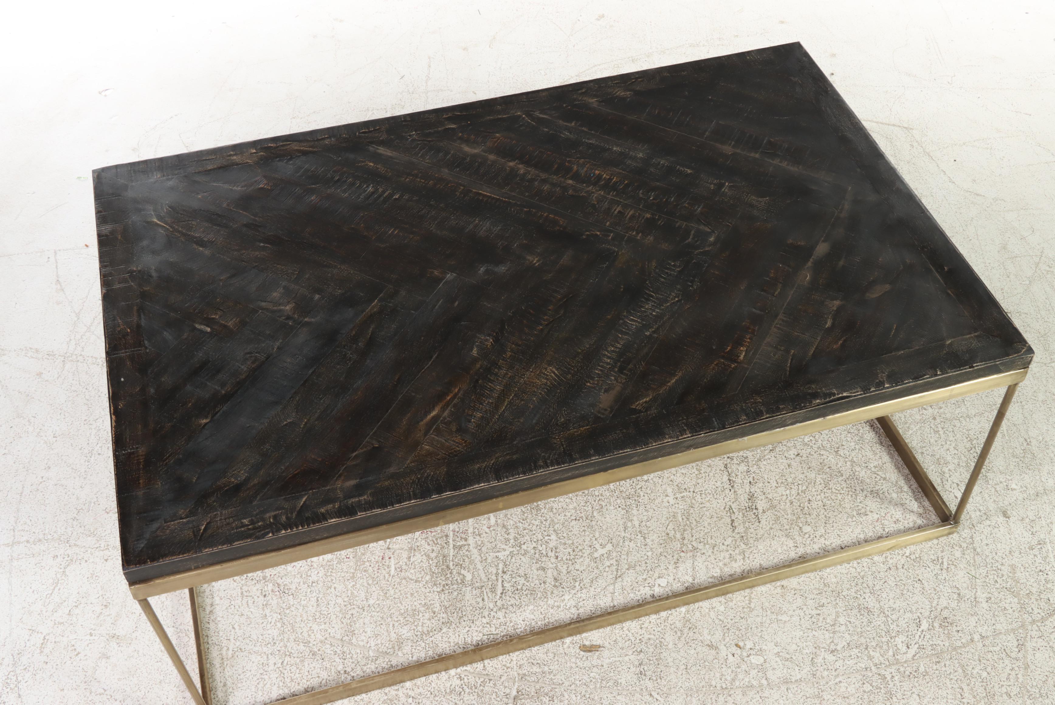 Contemporary Rustic, Ebonized Wooden and GoldPainted Metal Coffee