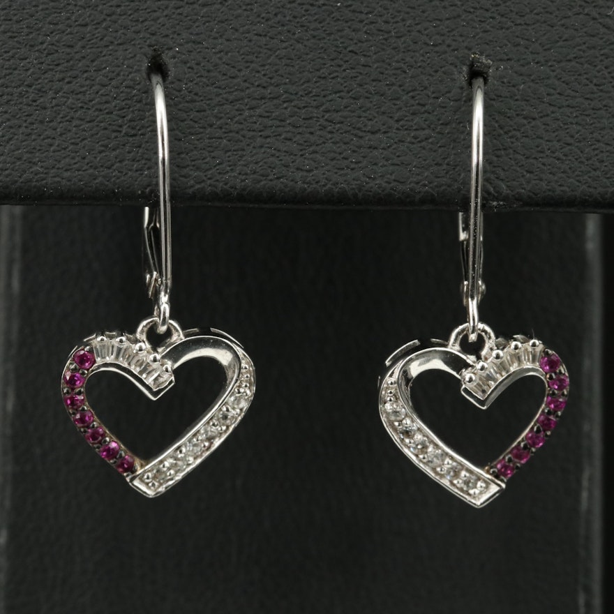 Sterling Ruby and Sapphire Heart Drop Earrings