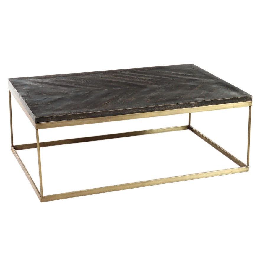 Contemporary Rustic, Ebonized Wooden and Gold-Painted Metal Coffee Table