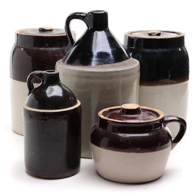 Two Tone Bean Pot with Other Stoneware Crocks and Jugs
