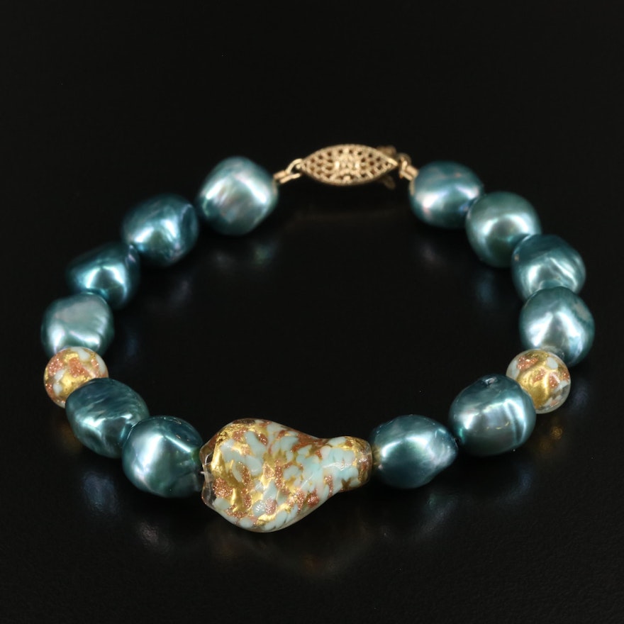 14K Pearl and Murano Glass Bead Bracelet