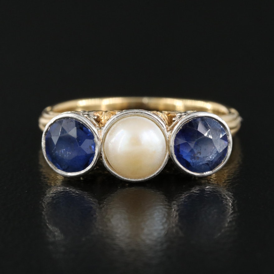 18K Pearl and Sapphire Ring with Platinum Bezels