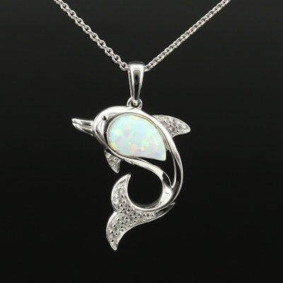 Sterling Opal and Sapphire Dolphin Pendant Necklace