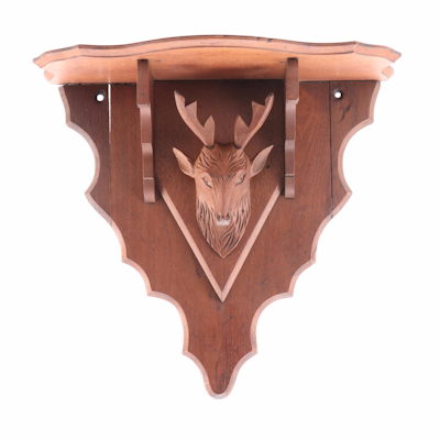 Victorian Black Forest Carved Walnut Wood Stag Mount Wall Shelf