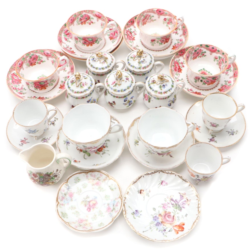 Samson Porcelain Teacups with Dresden Style Pot de Cremes and Other Tableware
