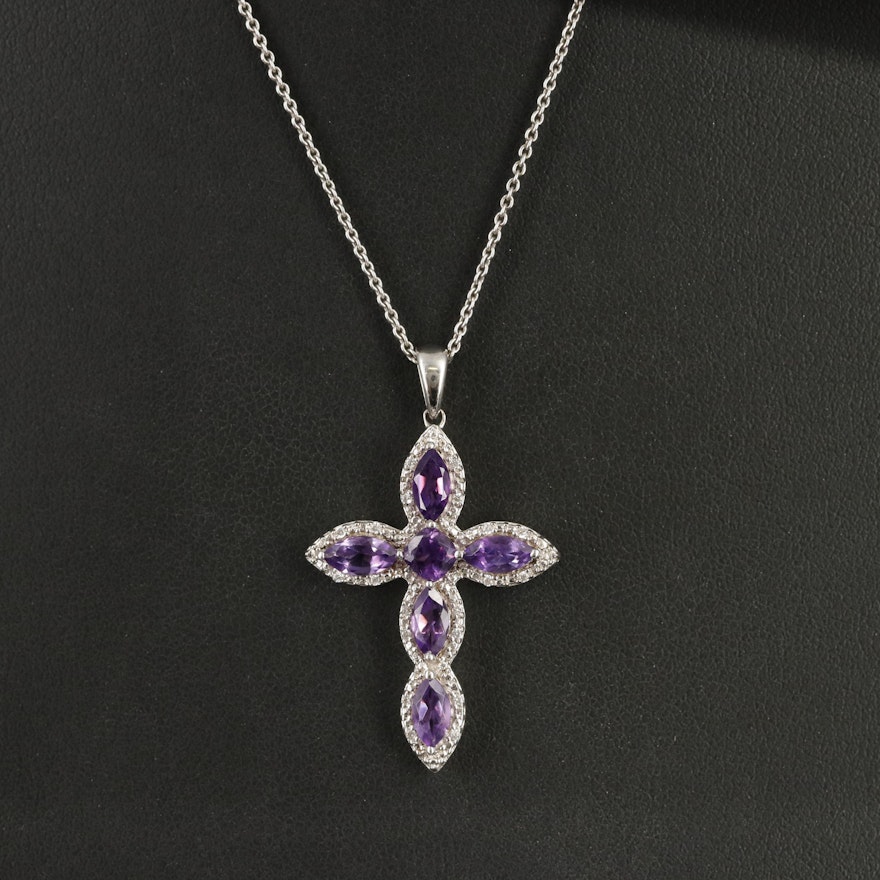 Sterling Amethyst and Cubic Zirconia Cross Pendant Necklace