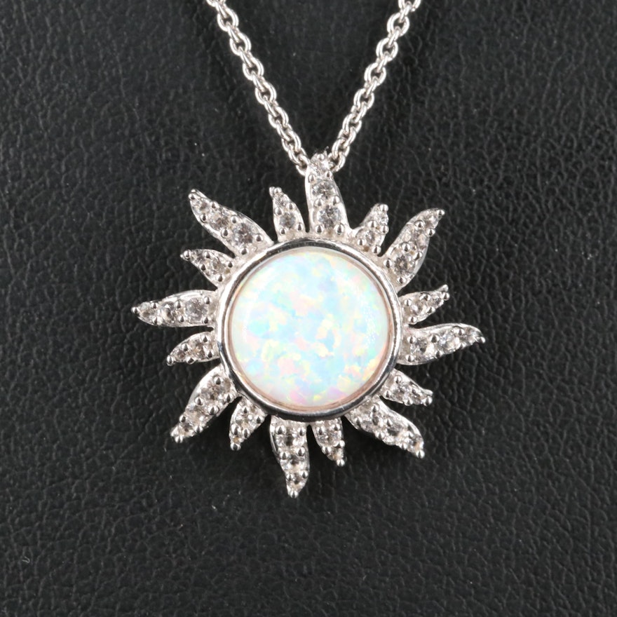 Sterling Opal and Sapphire Sunburst Pendant Necklace