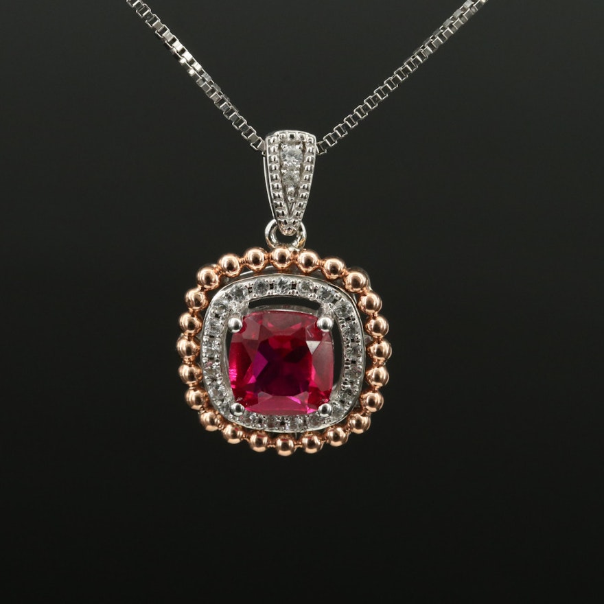 Sterling Ruby and White Sapphire Pendant Necklace with 10K Rose Gold Accent