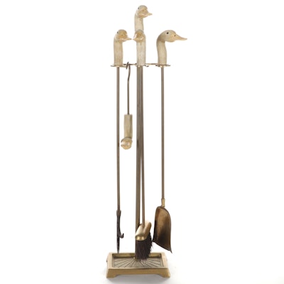 Resin and Brass Mallard Head Fireplace Tool Set and Stand