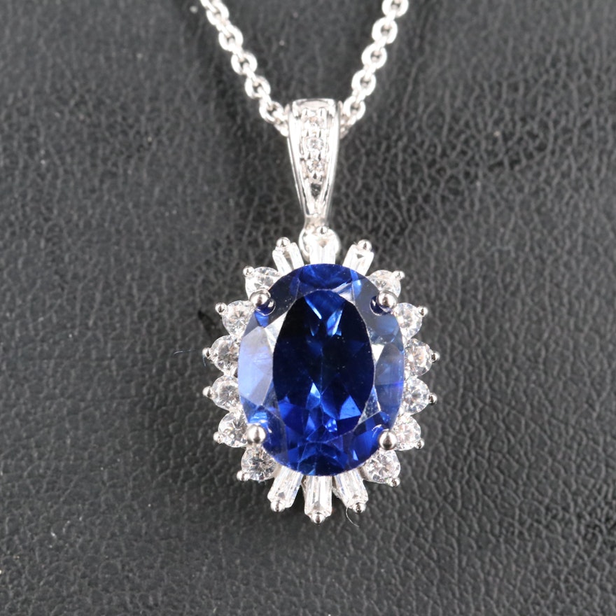 Sterling Sapphire and Cubic Zirconia Pendant Necklace