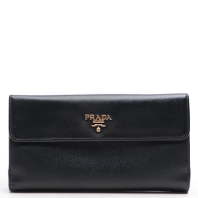 Prada French Flap Long Wallet in Black Saffiano Leather