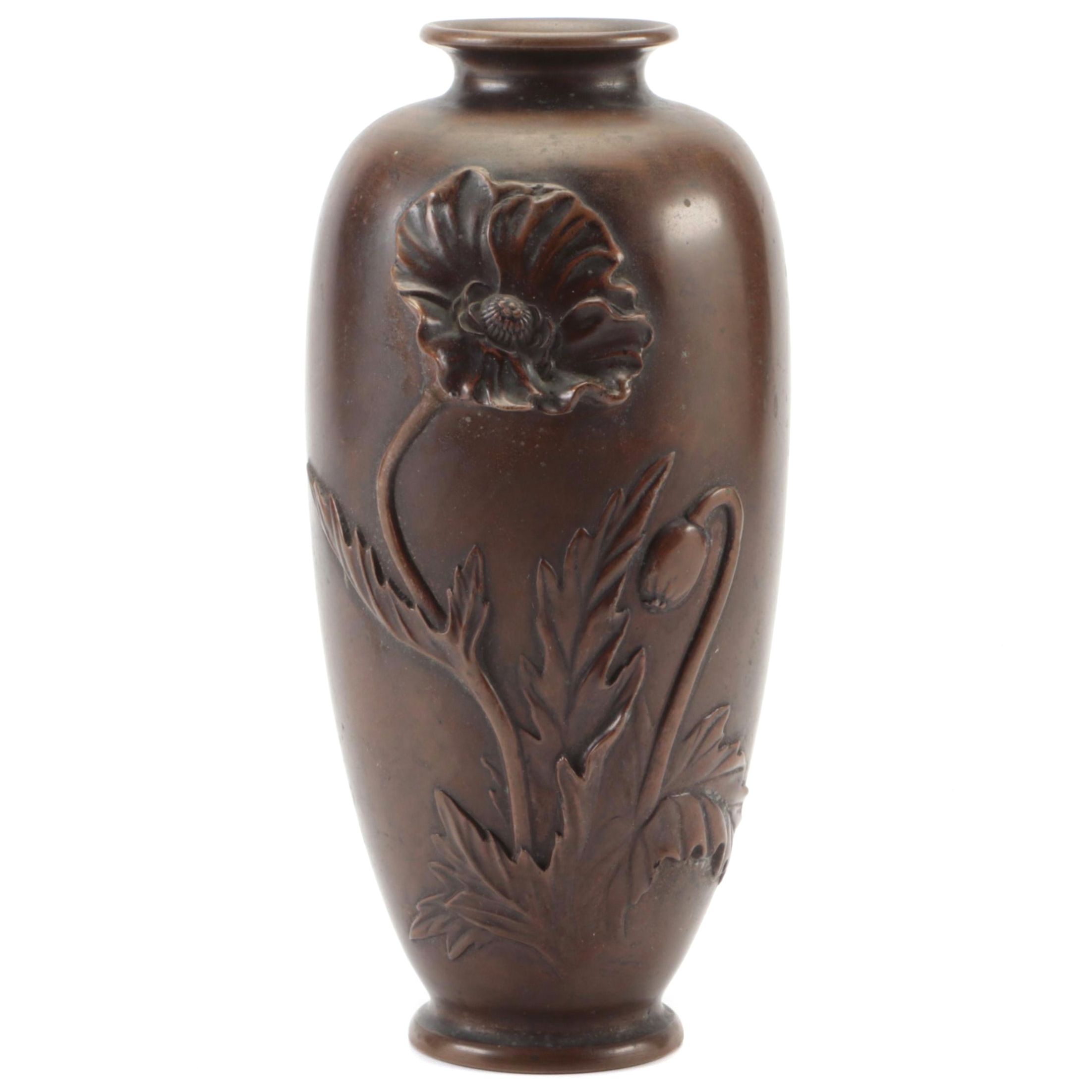 Japanese Bronze Relief Poppy Motif Vase, Late 19th/ Early 20th C.