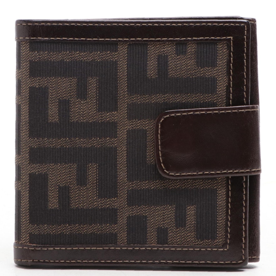 Fendi Flap-Front Compact Wallet in Tobacco Zucca Canvas and Leather