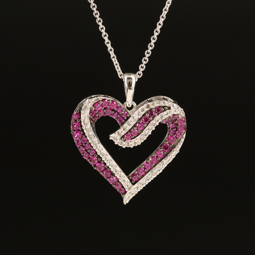 Sterling Ruby and White Sapphire Heart Pendant Necklace