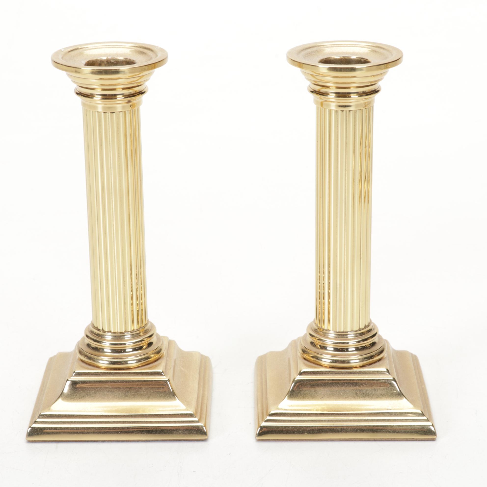 Two Pairs of Baldwin Brass Candlesticks With Brass Wall Candle Sconces